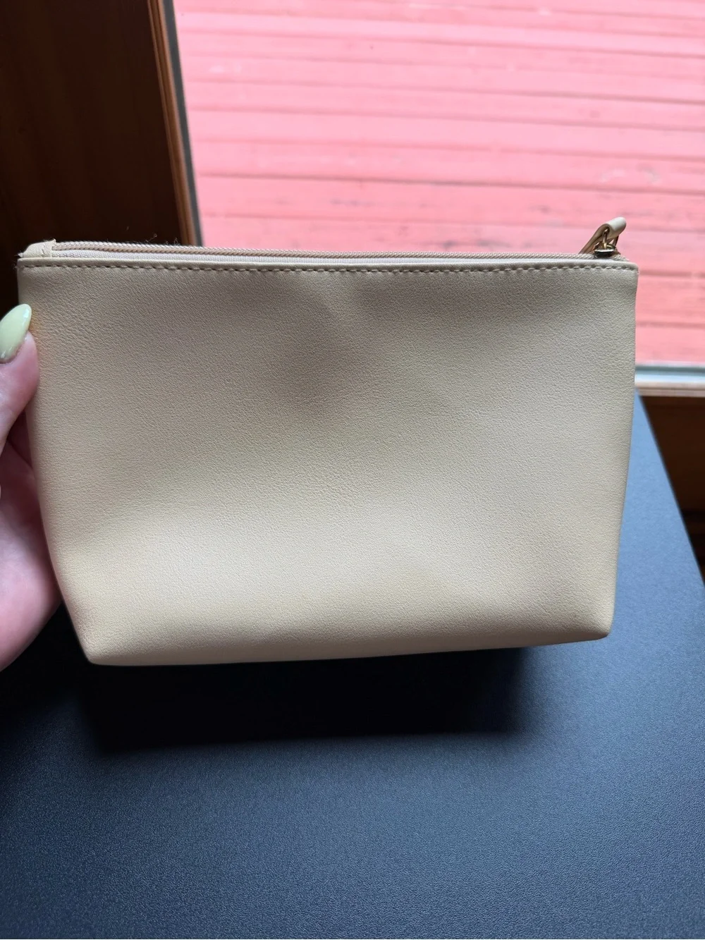 Bulgari Cream Blush Leather Cosmetic Pouch Metal Logo NWOT (8” by 5” by 2.5”)
